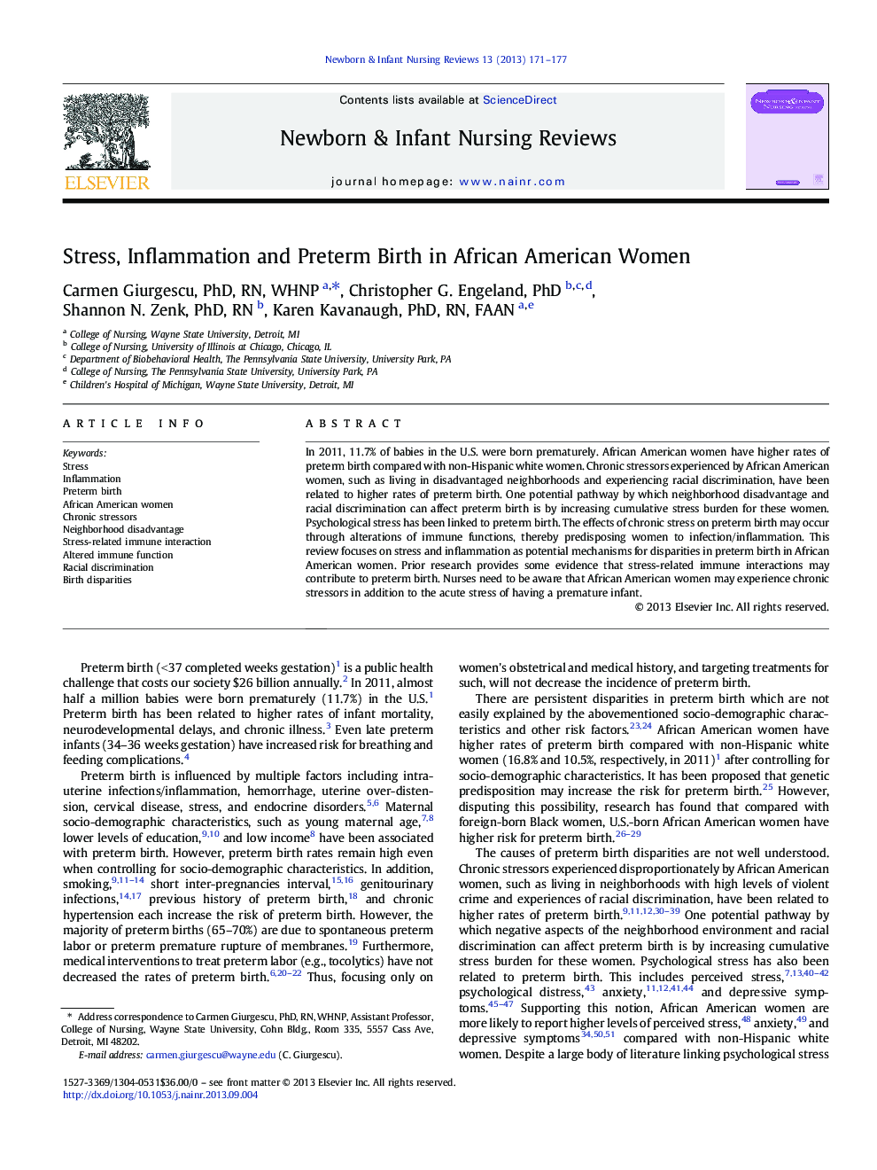 Stress, Inflammation and Preterm Birth in African American Women