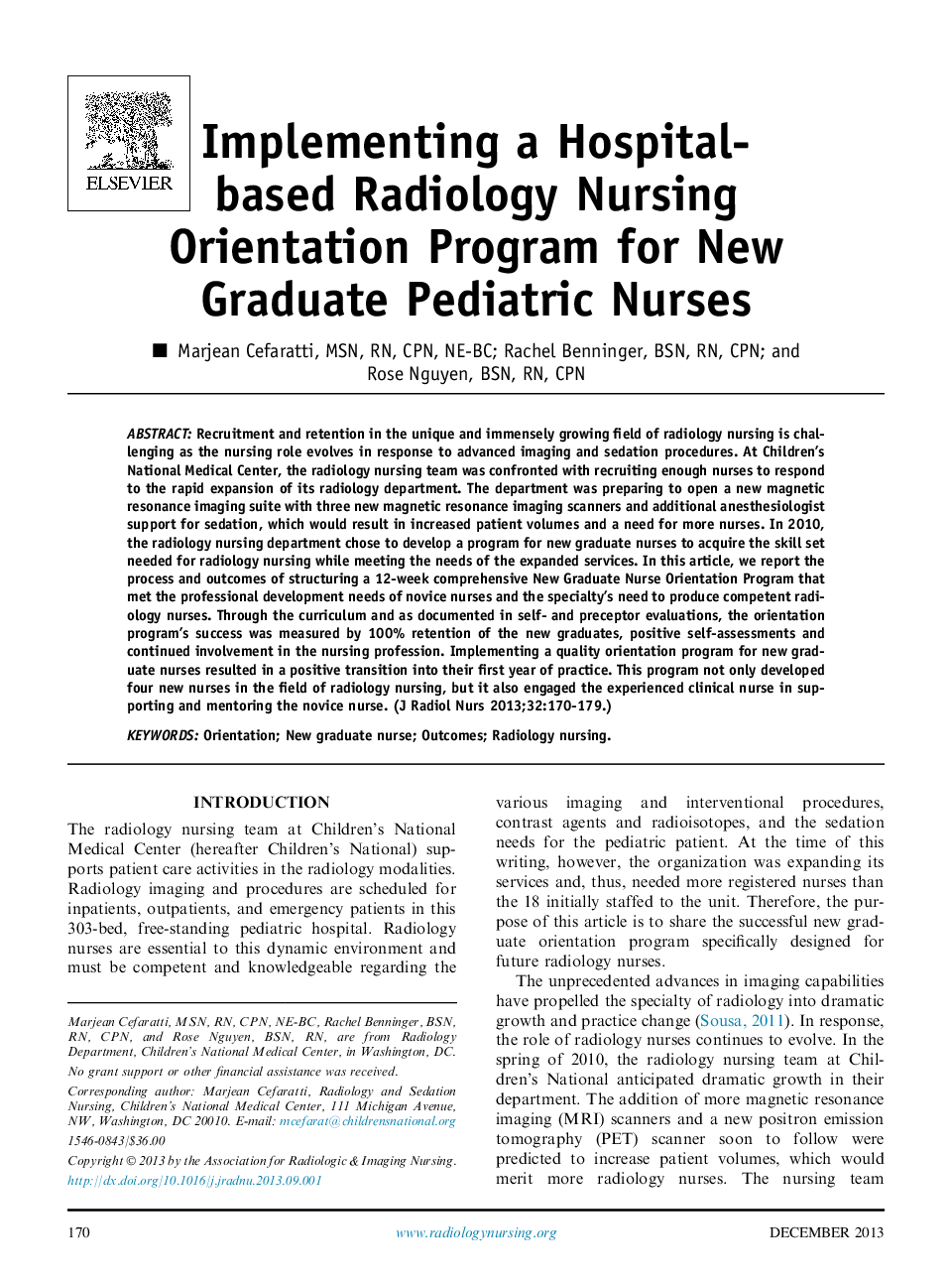 Implementing a Hospital-based Radiology Nursing Orientation Program for New Graduate Pediatric Nurses 