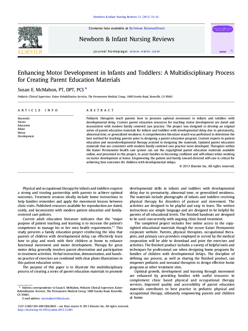 Enhancing Motor Development in Infants and Toddlers: A Multidisciplinary Process for Creating Parent Education Materials