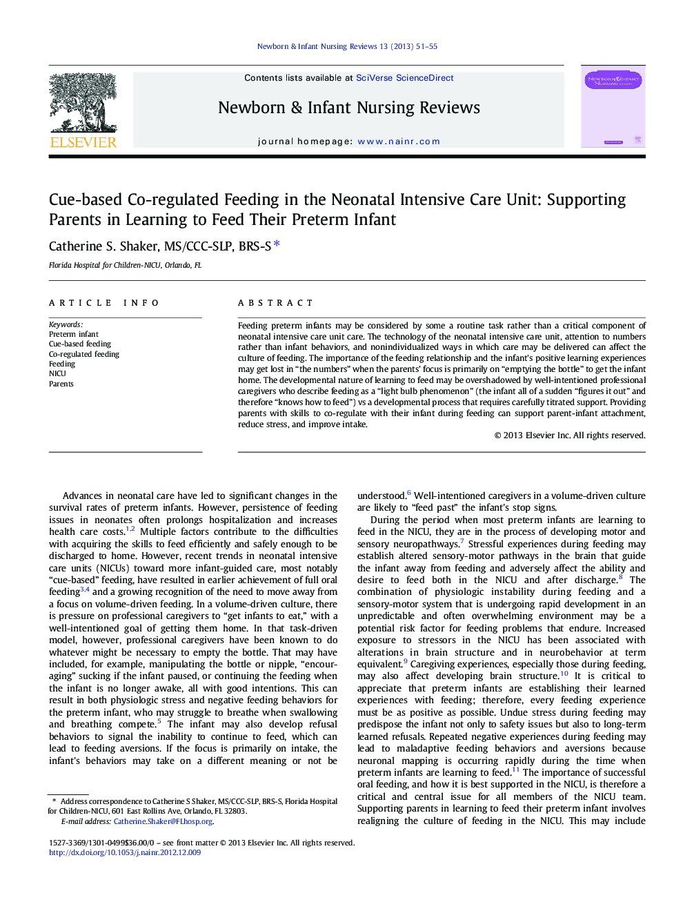 Cue-based Co-regulated Feeding in the Neonatal Intensive Care Unit: Supporting Parents in Learning to Feed Their Preterm Infant