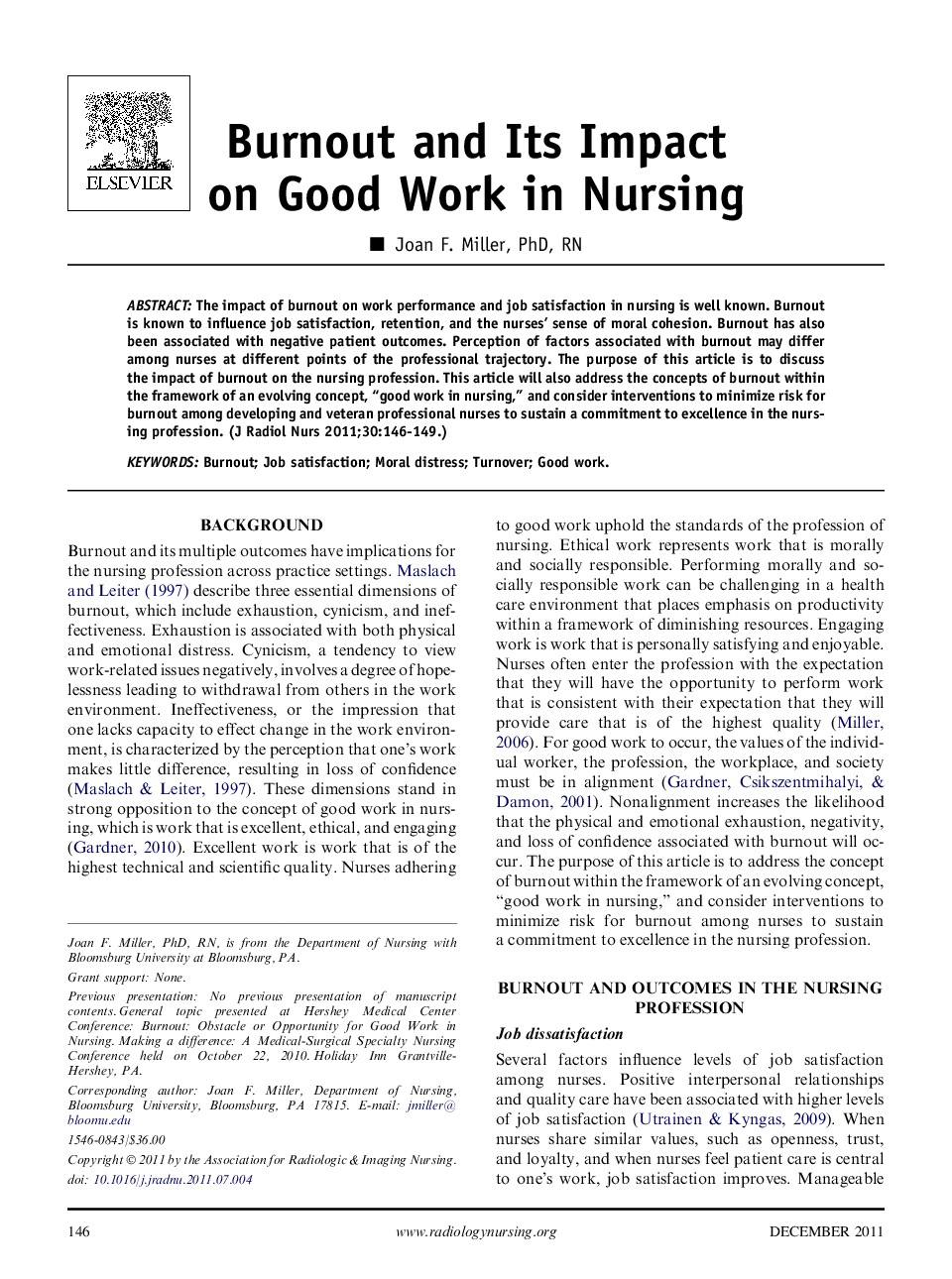 Burnout and Its Impact on Good Work in Nursing 