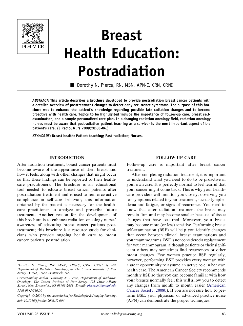 Breast Health Education: Postradiation