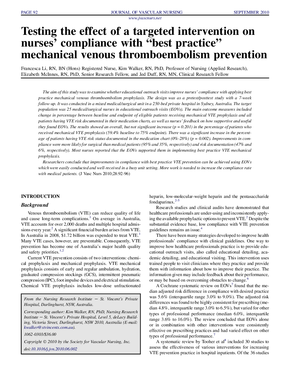 Testing the effect of a targeted intervention on nurses’ compliance with “best practice” mechanical venous thromboembolism prevention