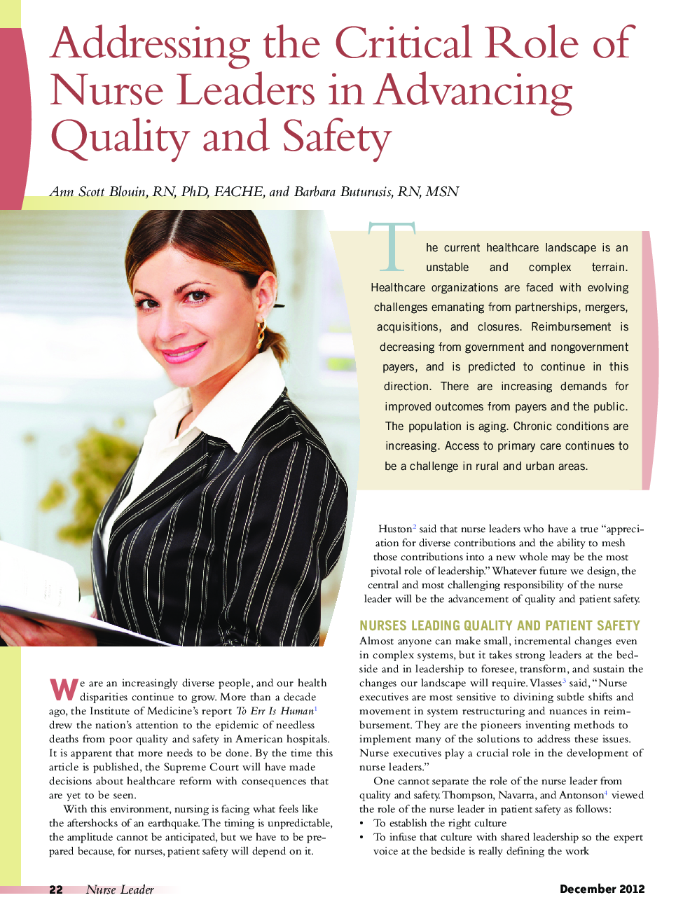 Addressing the Critical Role of Nurse Leaders in Advancing Quality and Safety