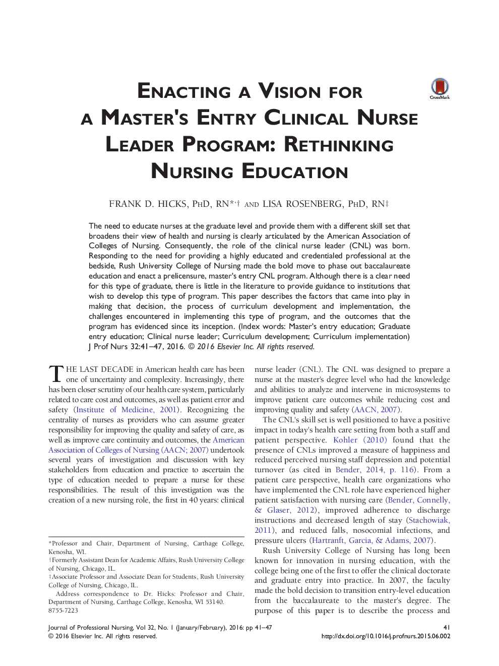 Enacting a Vision for a Master's Entry Clinical Nurse Leader Program: Rethinking Nursing Education