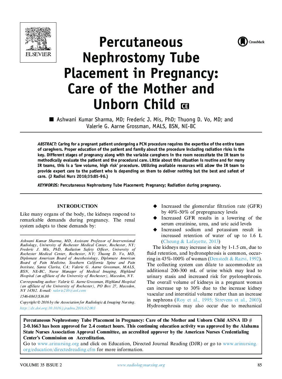 Percutaneous Nephrostomy Tube Placement in Pregnancy: Care of the Mother and Unborn Child