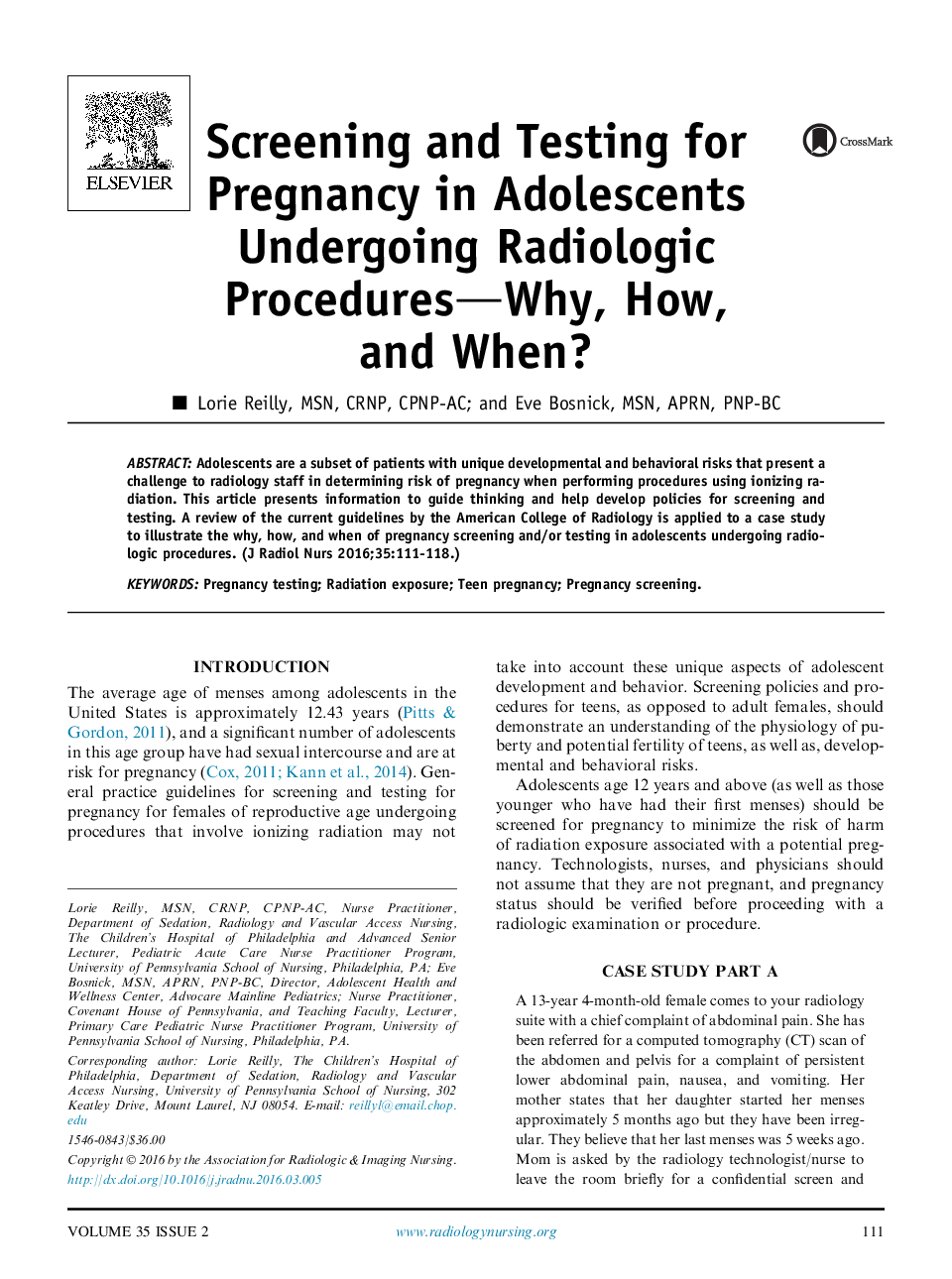 Screening and Testing for Pregnancy in Adolescents Undergoing Radiologic Procedures—Why, How, and When?