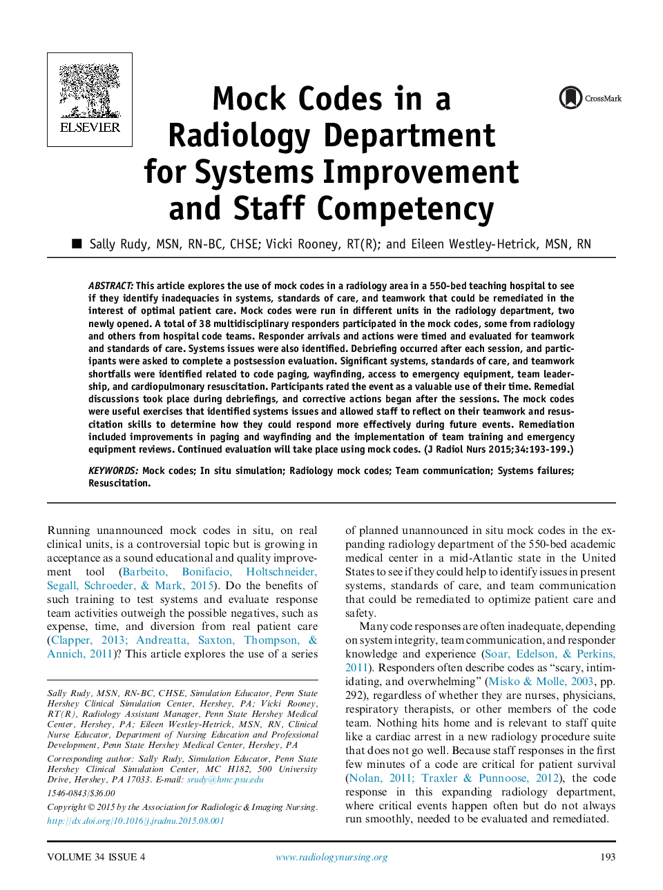 Mock Codes in a Radiology Department for Systems Improvement and Staff Competency