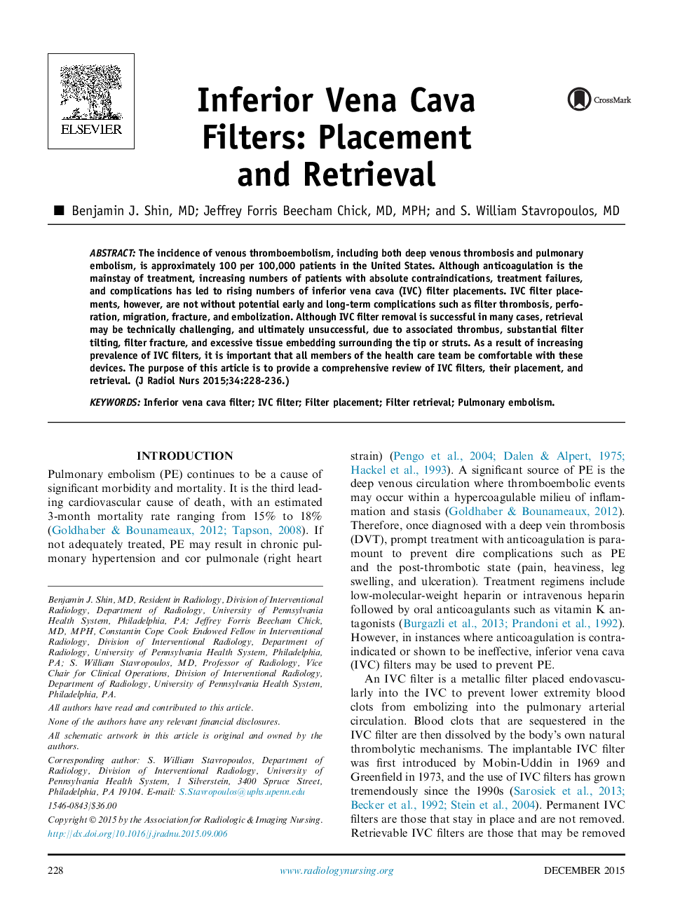 Inferior Vena Cava Filters: Placement andÂ Retrieval