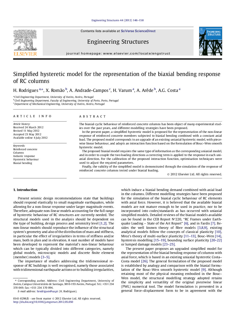 Simplified hysteretic model for the representation of the biaxial bending response of RC columns