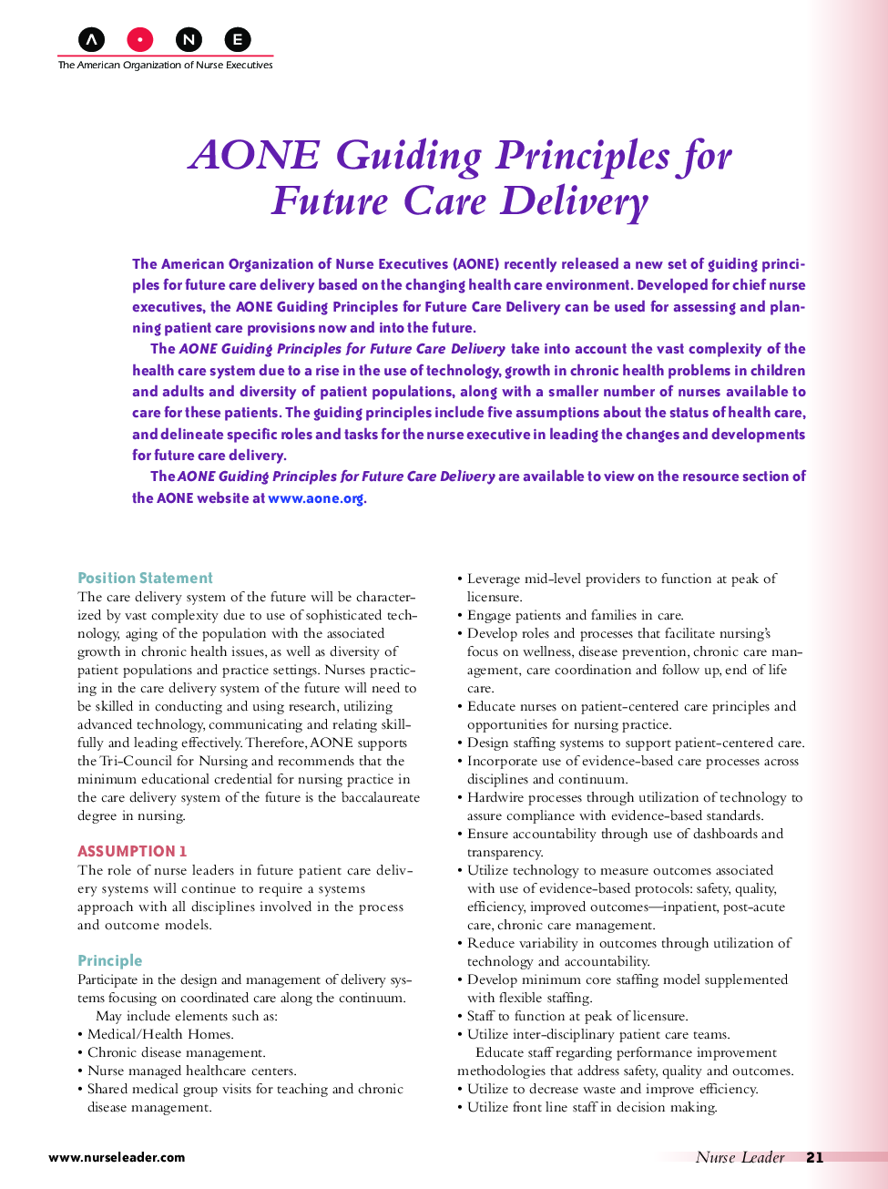 AONE Guiding Principles for Future Care Delivery