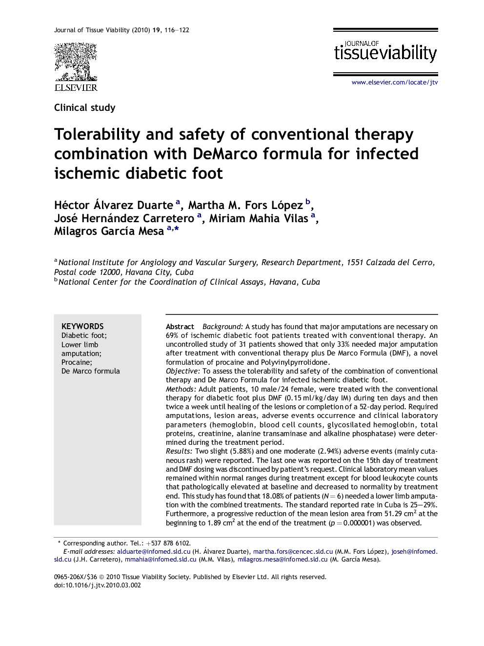 Tolerability and safety of conventional therapy combination with DeMarco formula for infected ischemic diabetic foot