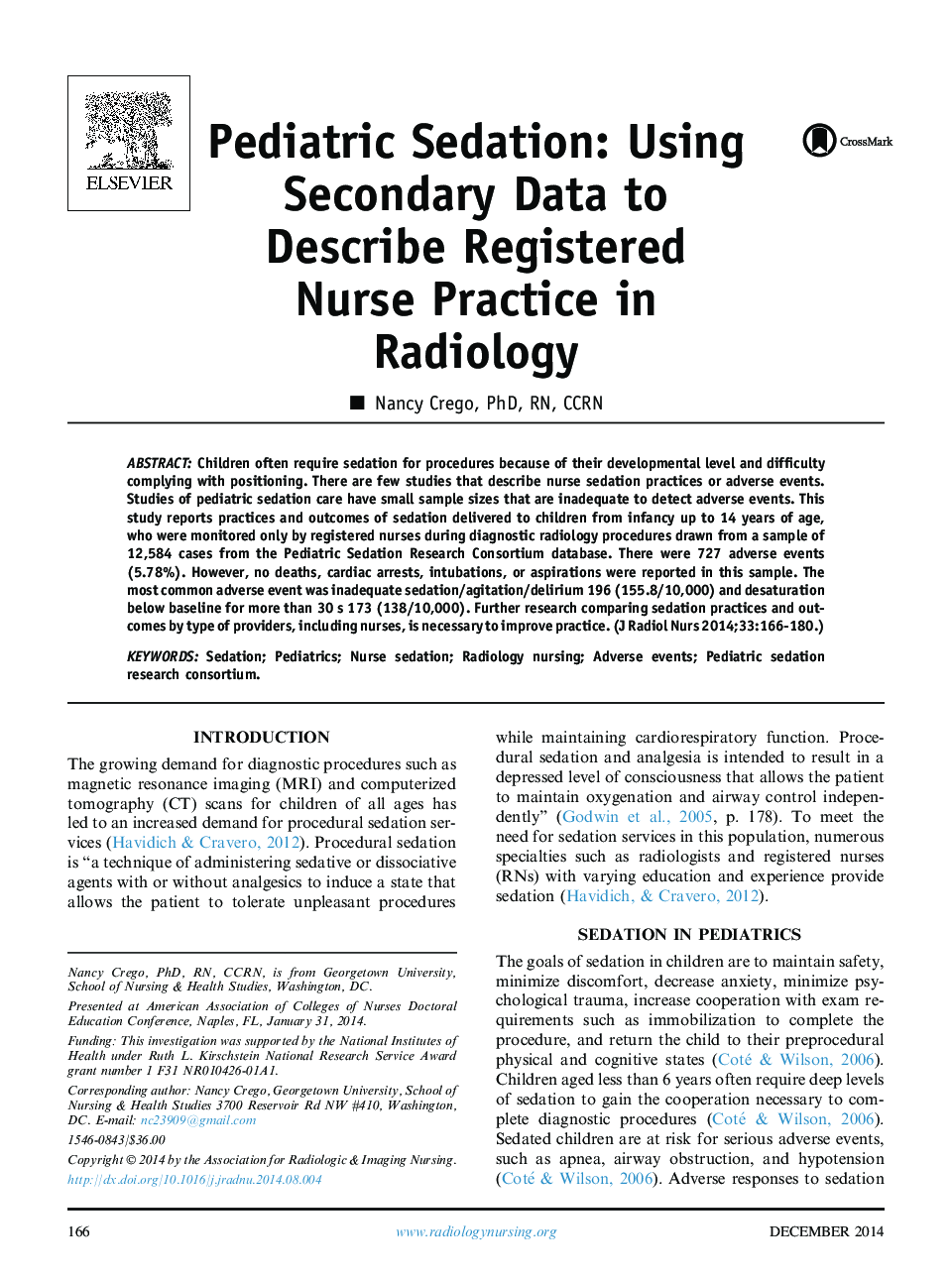 Pediatric Sedation: Using Secondary Data to Describe Registered Nurse Practice in Radiology 