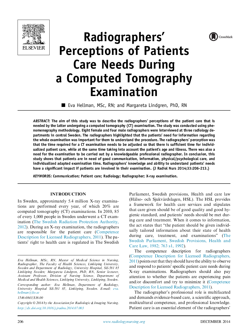 Radiographers' Perceptions of Patients Care Needs During a Computed Tomography Examination