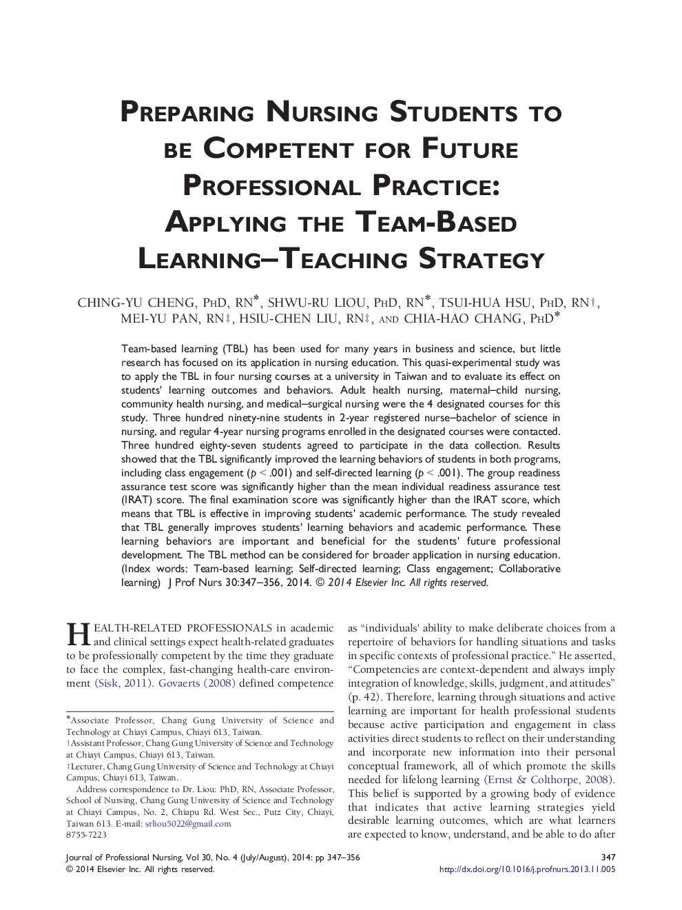 آماده سازی دانشجویان پرستاری برای عمل حرفه ای آینده: اعمال استراتژی آموزش ـ یادگیری مبتنی بر تیم