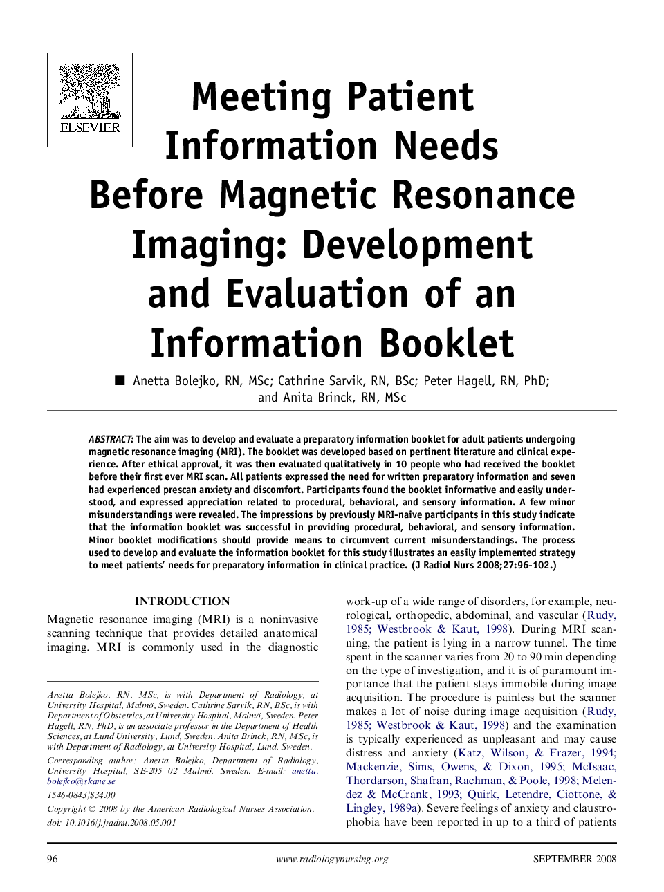 Meeting Patient Information Needs Before Magnetic Resonance Imaging: Development and Evaluation of an Information Booklet