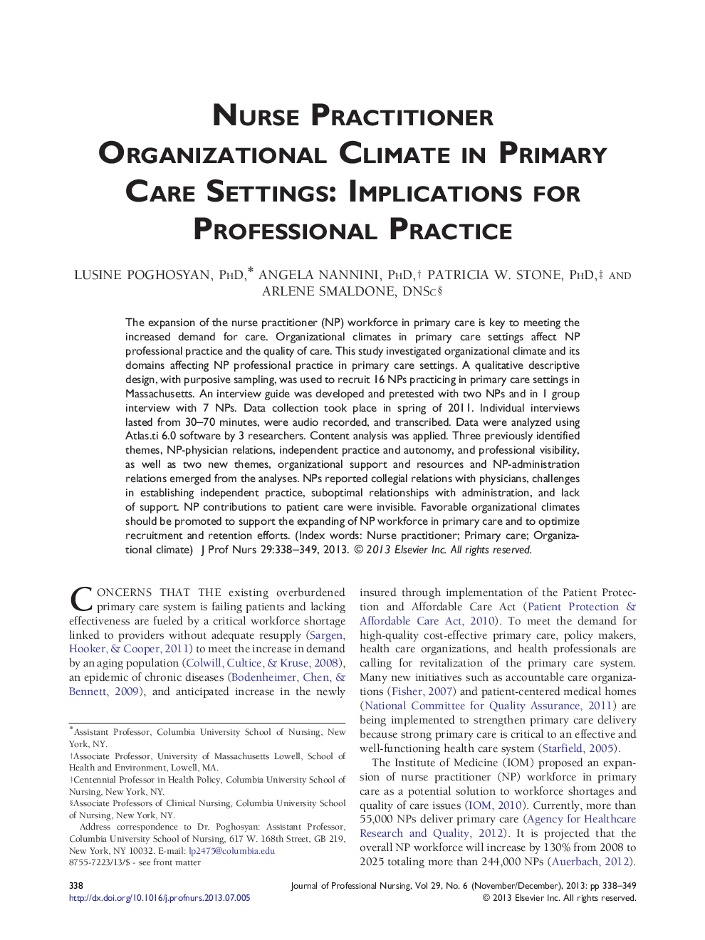 Nurse Practitioner Organizational Climate in Primary Care Settings: Implications for Professional Practice