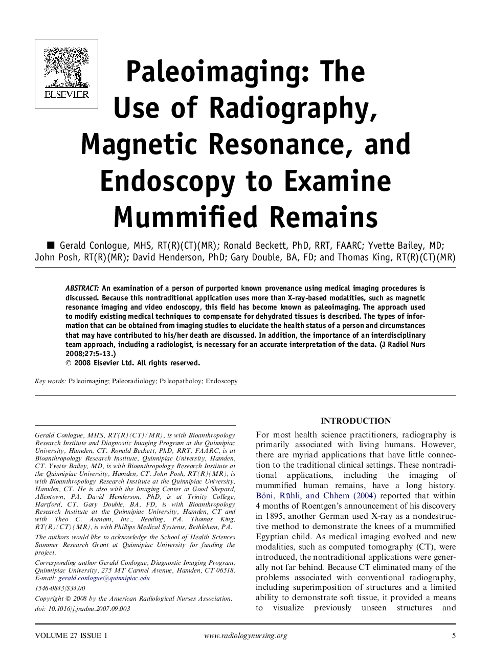 Paleoimaging: The Use of Radiography, Magnetic Resonance, and Endoscopy to Examine Mummified Remains 