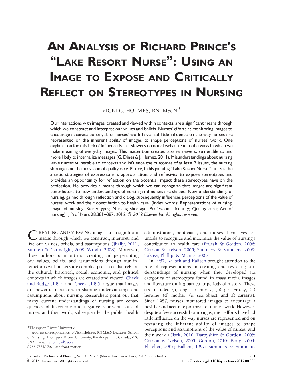 An Analysis of Richard Prince's “Lake Resort Nurse”: Using an Image to Expose and Critically Reflect on Stereotypes in Nursing