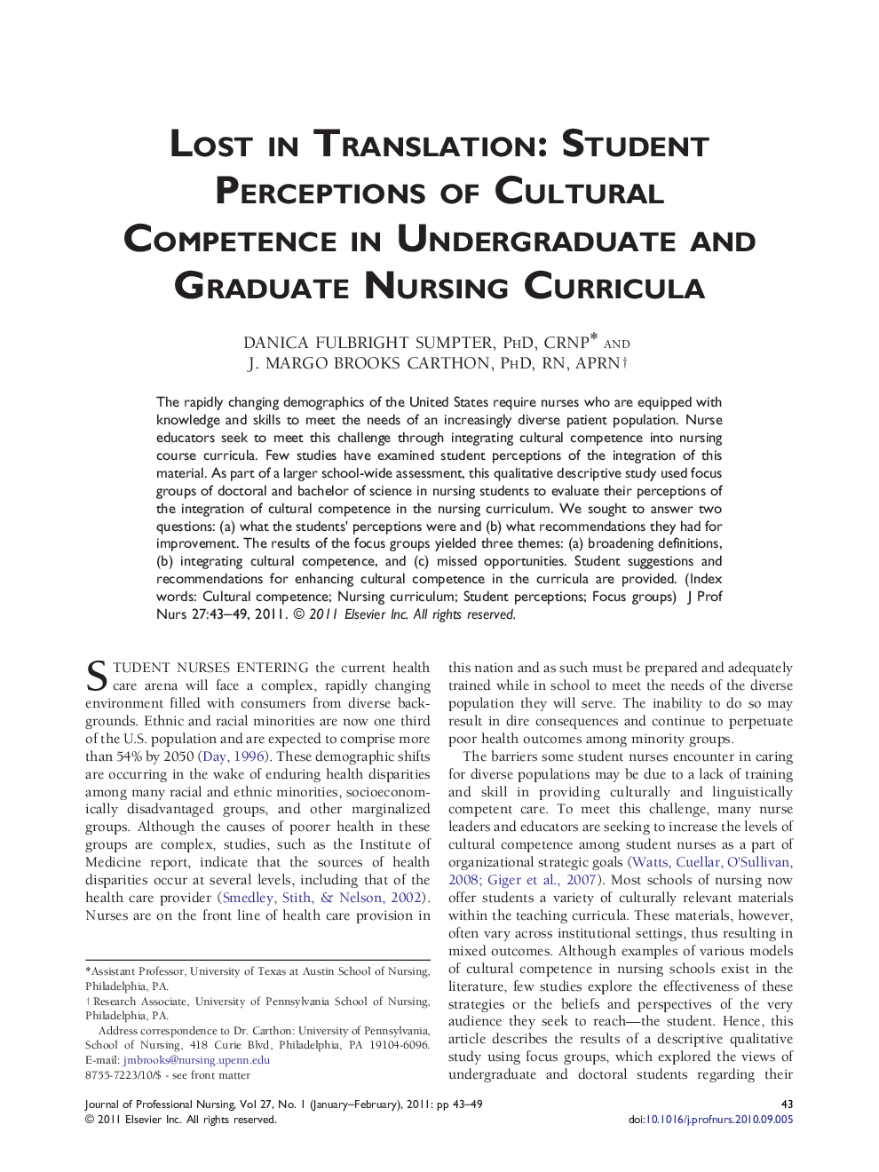 Lost in Translation: Student Perceptions of Cultural Competence in Undergraduate and Graduate Nursing Curricula