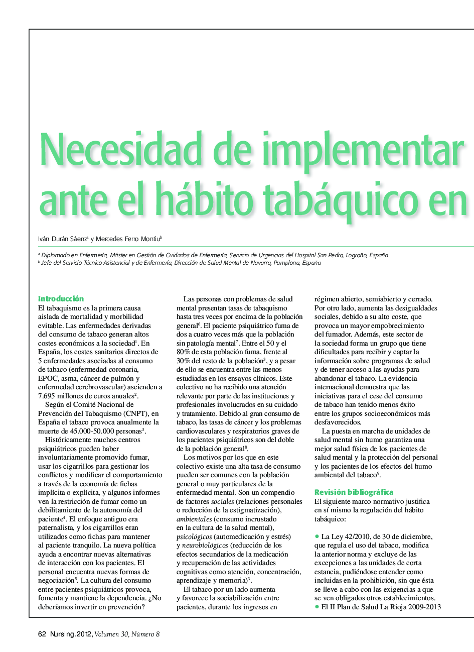 Necesidad de implementar un protocolo de actuación ante el hábito tabáquico en unidades de salud mental