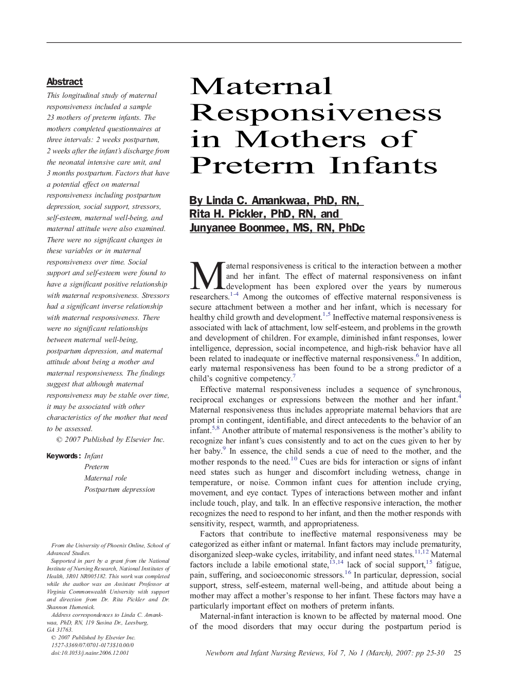 Maternal Responsiveness in Mothers of Preterm Infants 