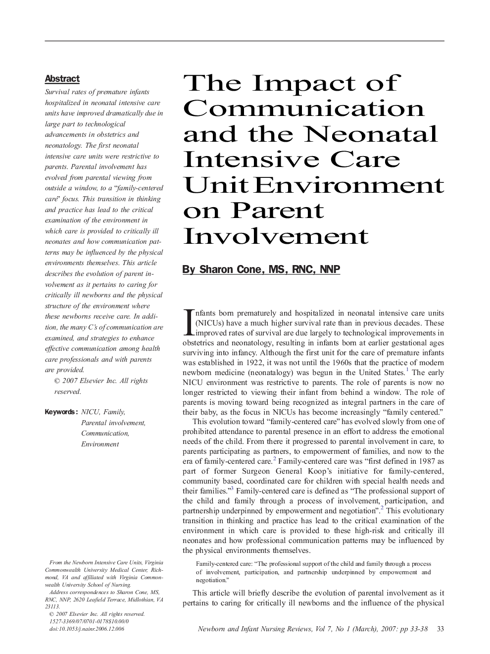 The Impact of Communication and the Neonatal Intensive Care Unit Environment on Parent Involvement