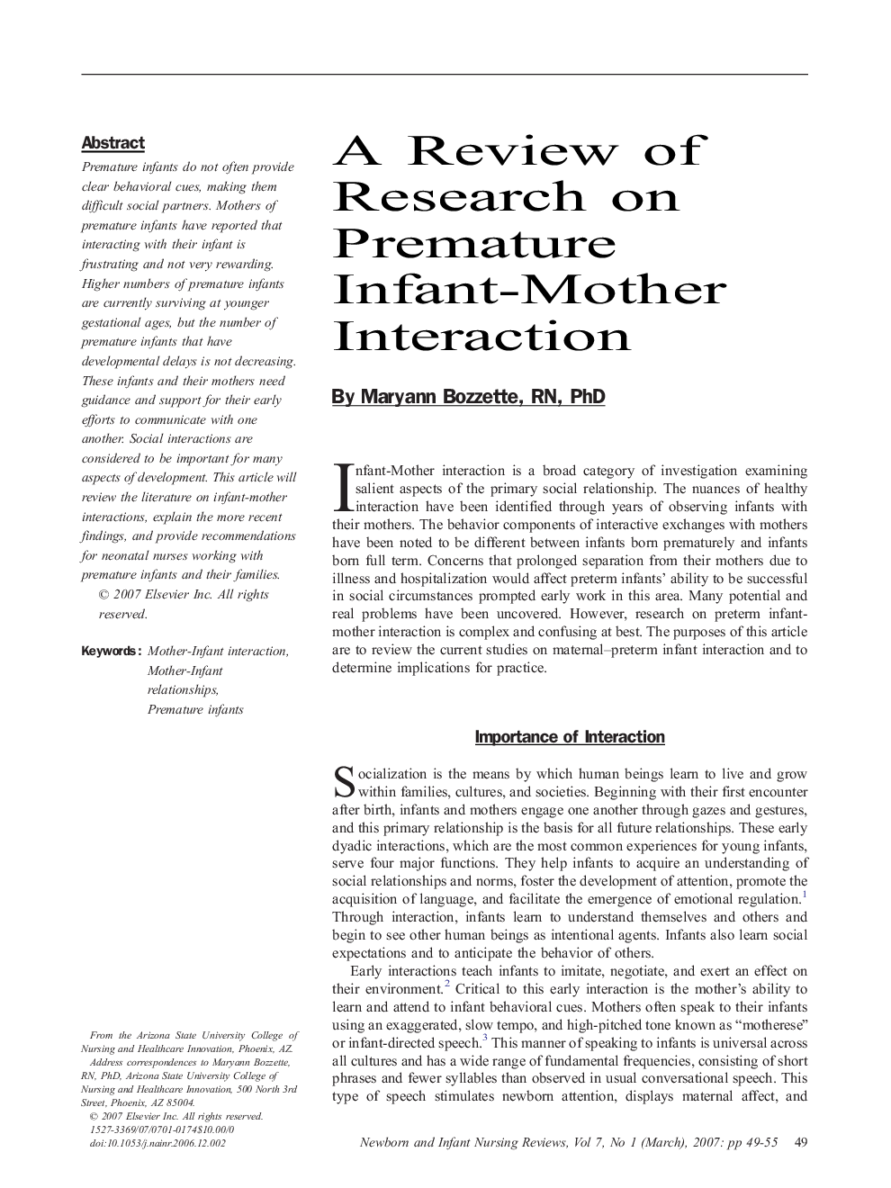 A Review of Research on Premature Infant-Mother Interaction