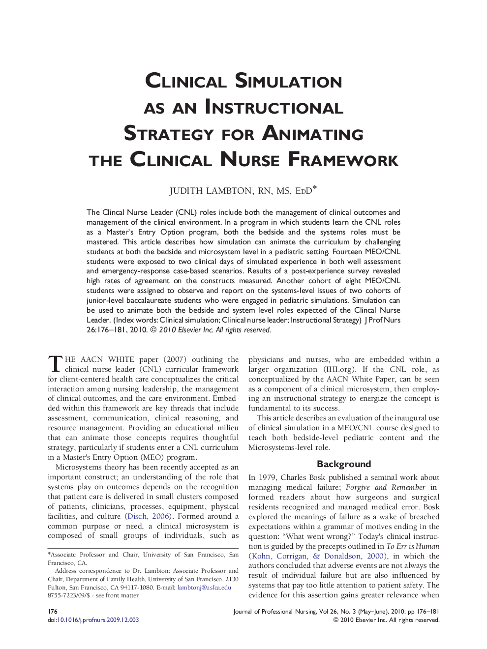 Clinical Simulation as an Instructional Strategy for Animating the Clinical Nurse Framework