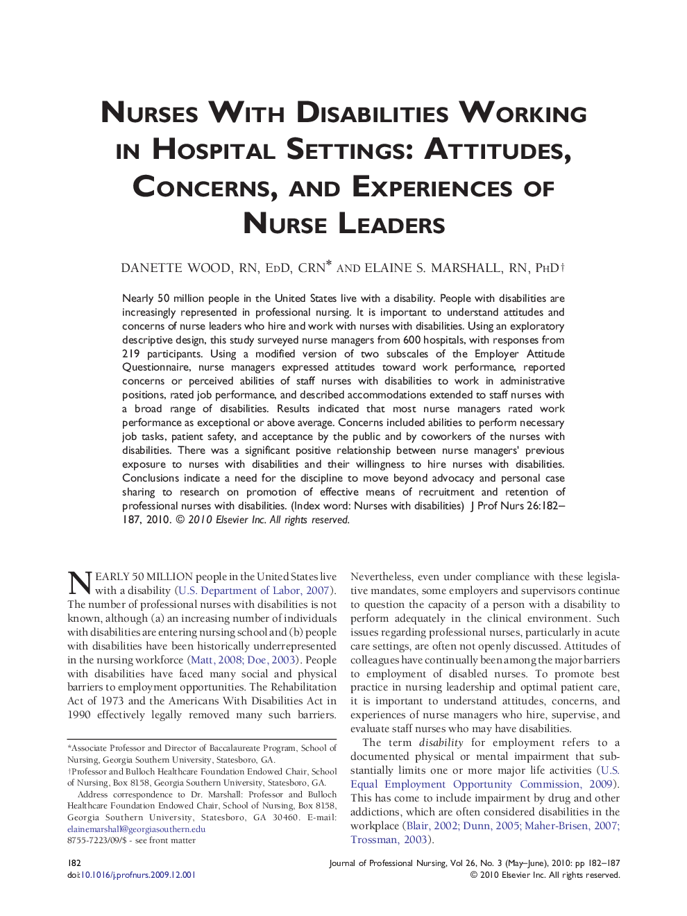 Nurses With Disabilities Working in Hospital Settings: Attitudes, Concerns, and Experiences of Nurse Leaders