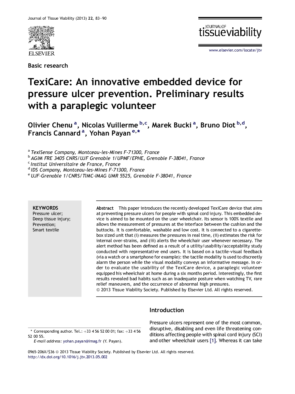 TexiCare: An innovative embedded device for pressure ulcer prevention. Preliminary results with a paraplegic volunteer