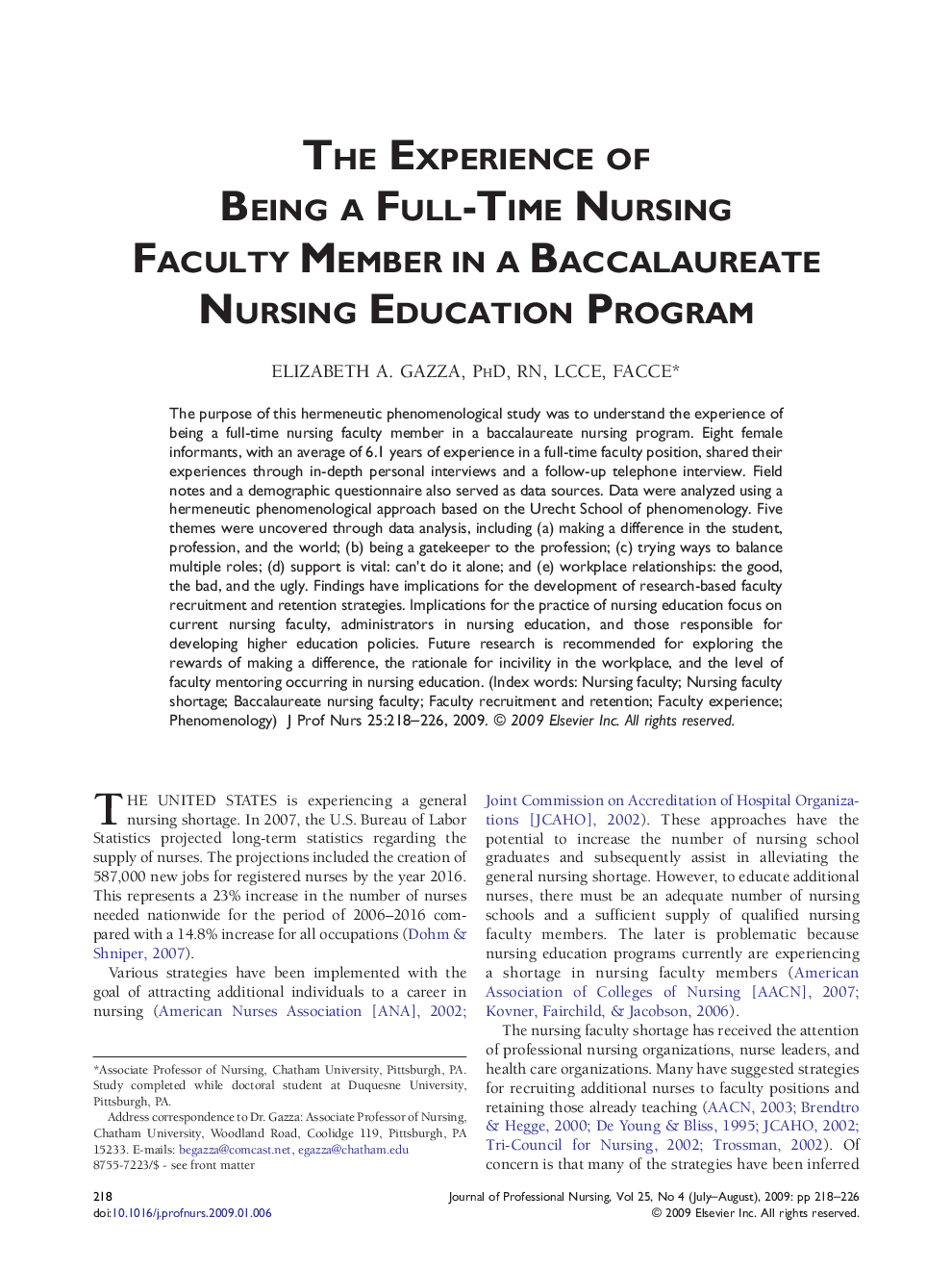 The Experience of Being a Full-Time Nursing Faculty Member in a Baccalaureate Nursing Education Program