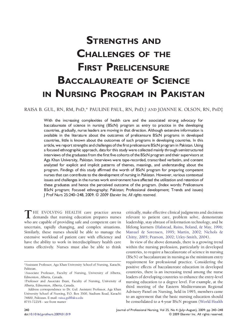 Strengths and Challenges of the First Prelicensure Baccalaureate of Science in Nursing Program in Pakistan