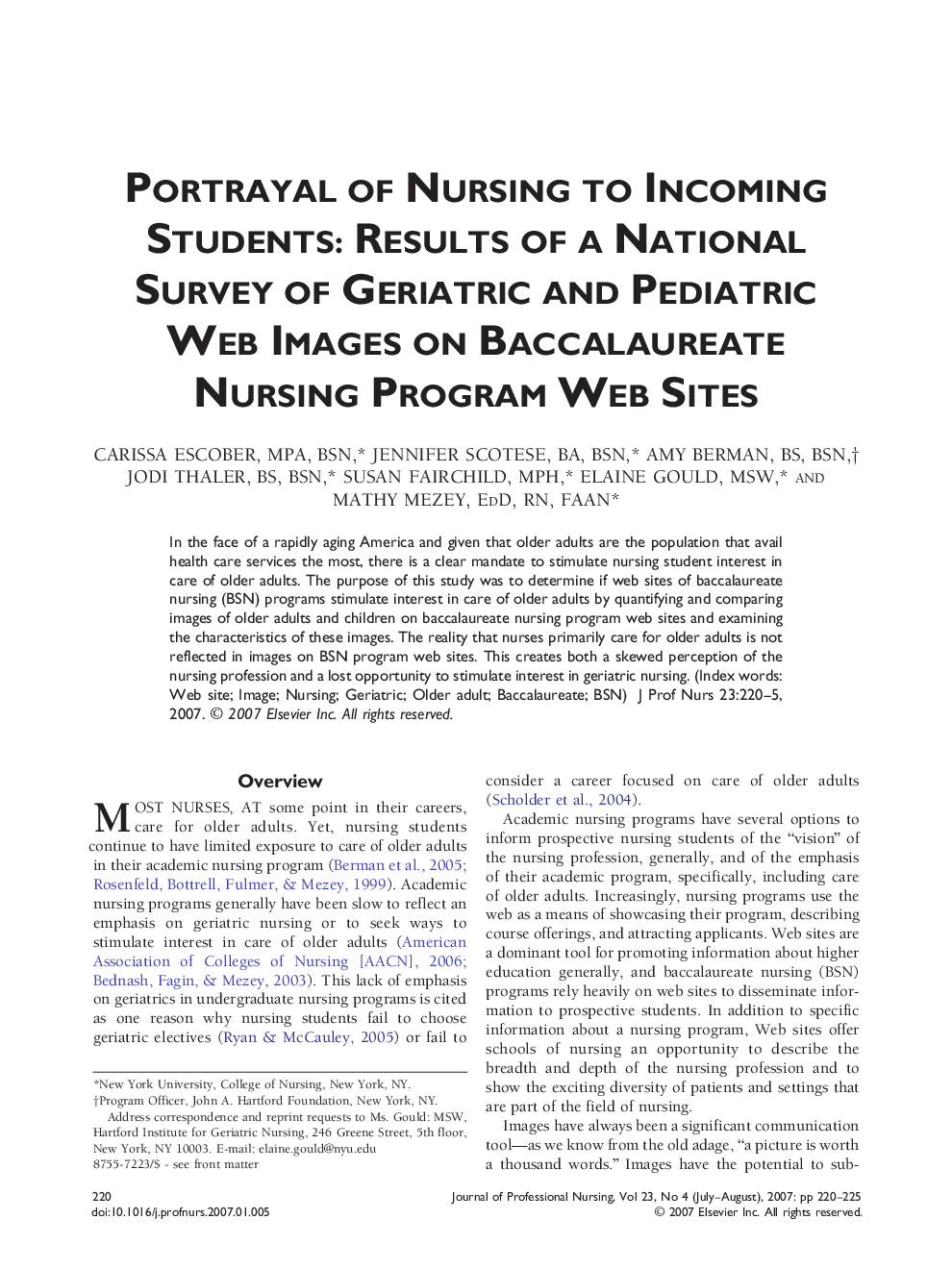 Portrayal of Nursing to Incoming Students: Results of a National Survey of Geriatric and Pediatric Web Images on Baccalaureate Nursing Program Web Sites