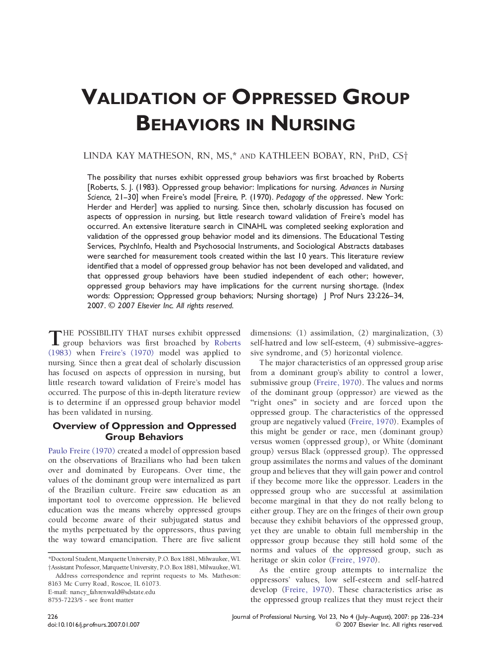 Validation of Oppressed Group Behaviors in Nursing