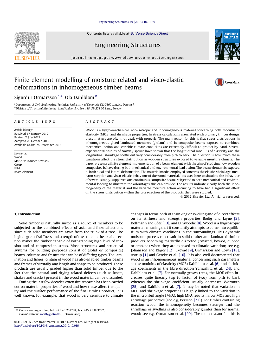 Finite element modelling of moisture related and visco-elastic deformations in inhomogeneous timber beams