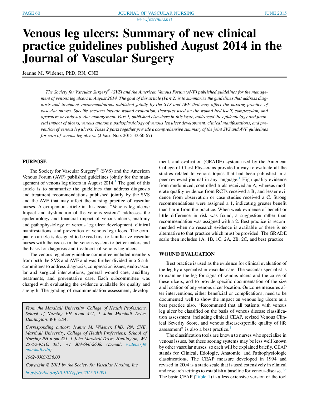Venous leg ulcers: Summary of new clinical practice guidelines published August 2014 in the Journal of Vascular Surgery