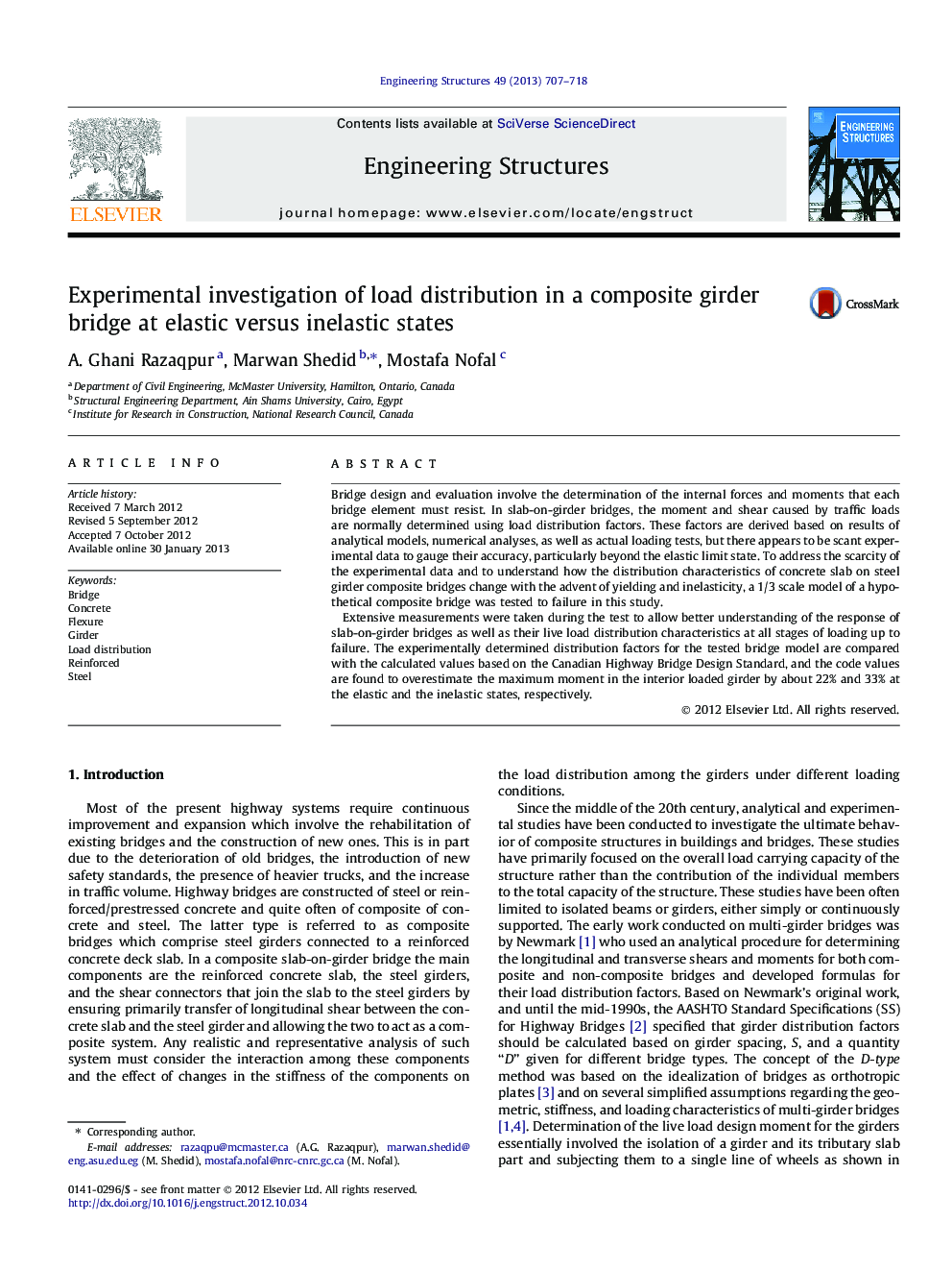 Experimental investigation of load distribution in a composite girder bridge at elastic versus inelastic states