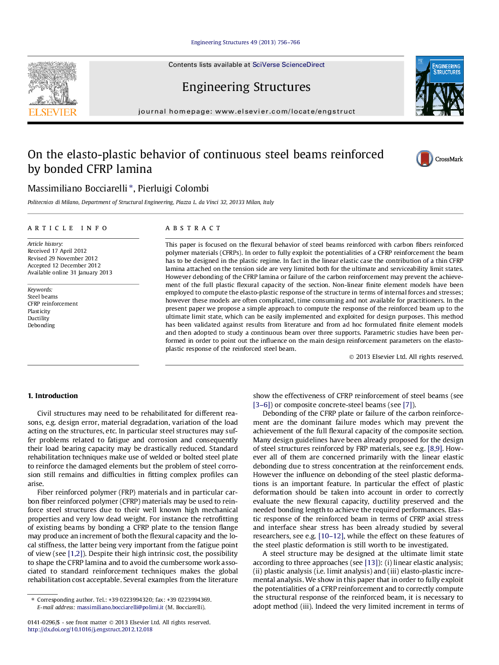 On the elasto-plastic behavior of continuous steel beams reinforced by bonded CFRP lamina