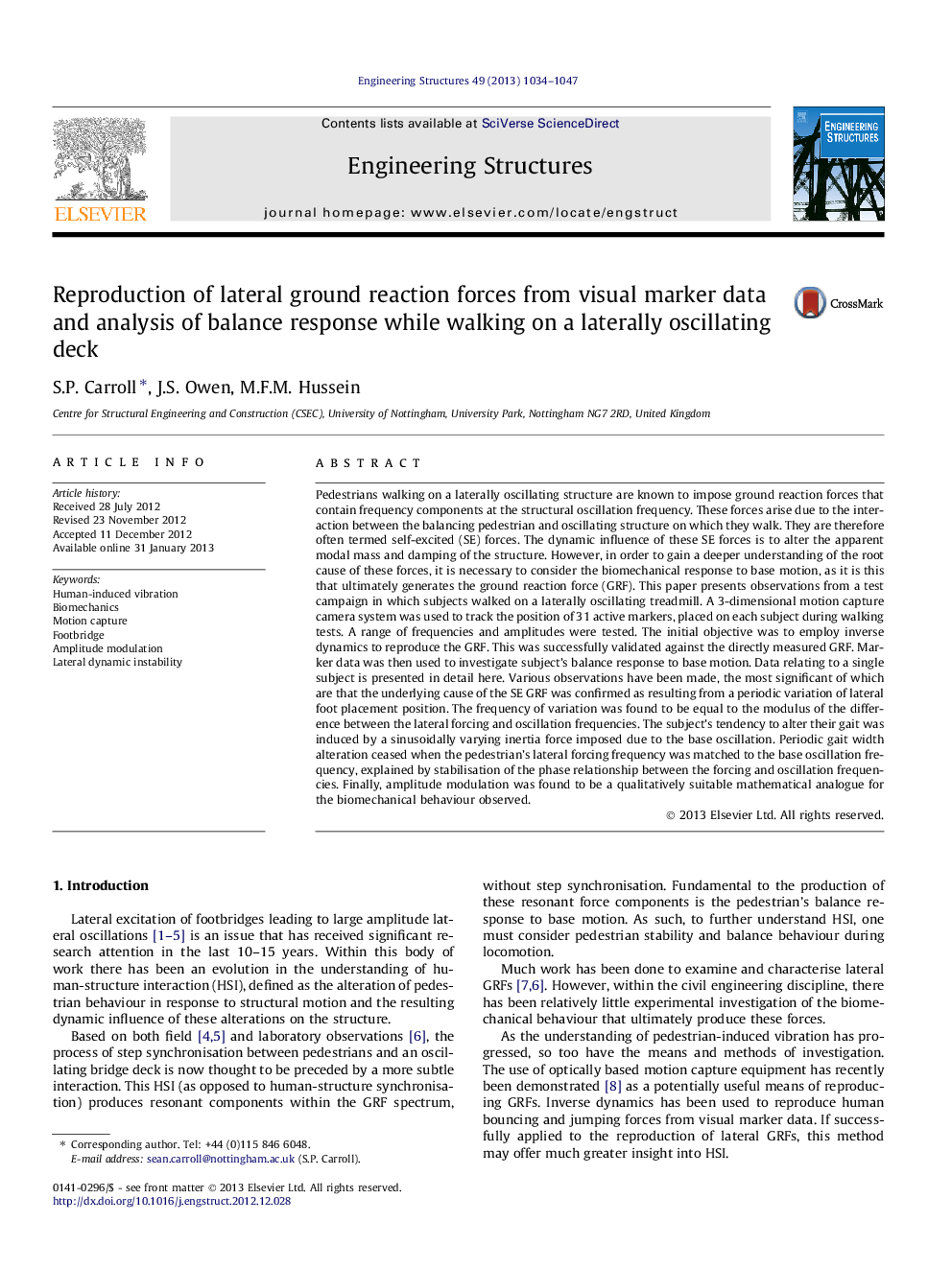 Reproduction of lateral ground reaction forces from visual marker data and analysis of balance response while walking on a laterally oscillating deck