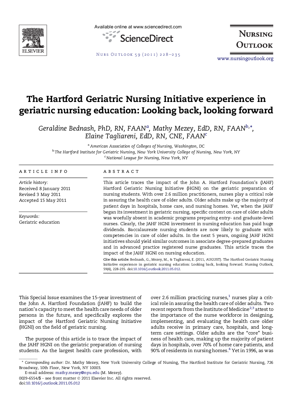 The Hartford Geriatric Nursing Initiative experience in geriatric nursing education: Looking back, looking forward