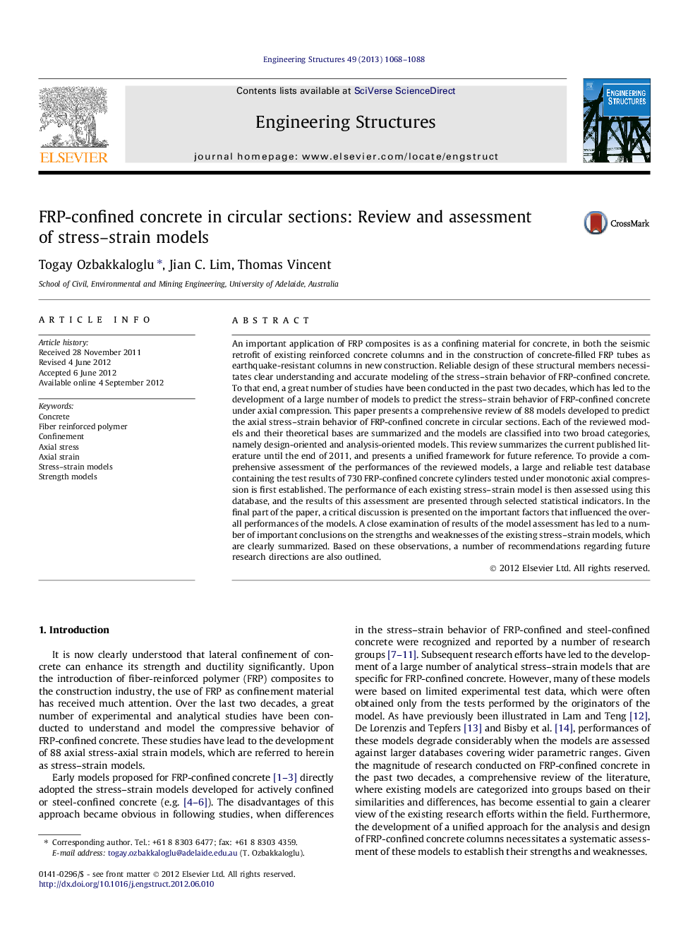 FRP-confined concrete in circular sections: Review and assessment of stress–strain models