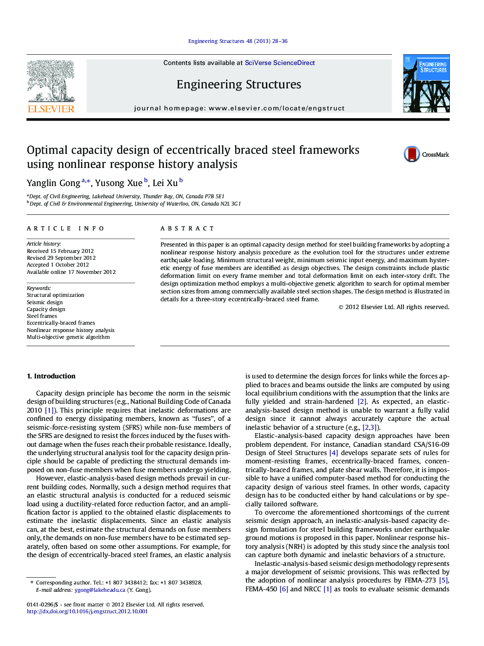 Optimal capacity design of eccentrically braced steel frameworks using nonlinear response history analysis