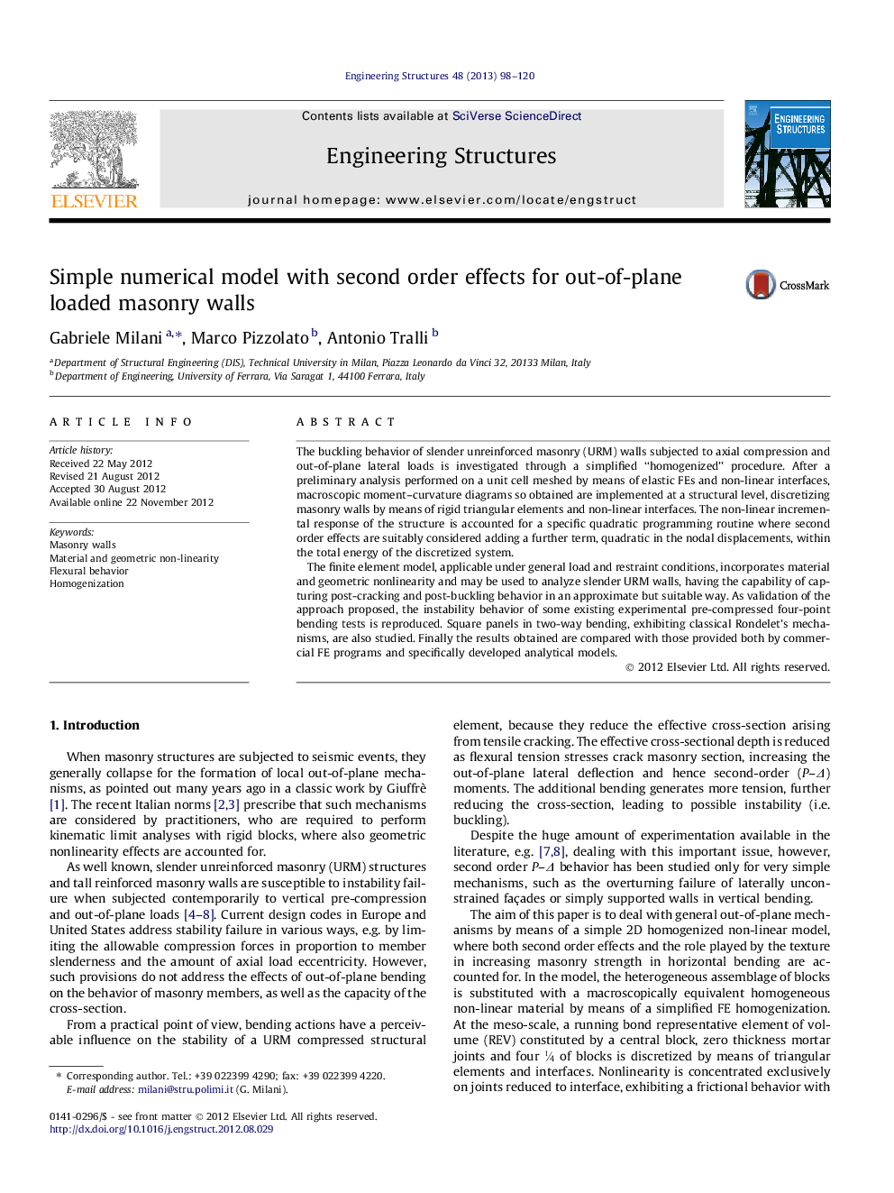 Simple numerical model with second order effects for out-of-plane loaded masonry walls