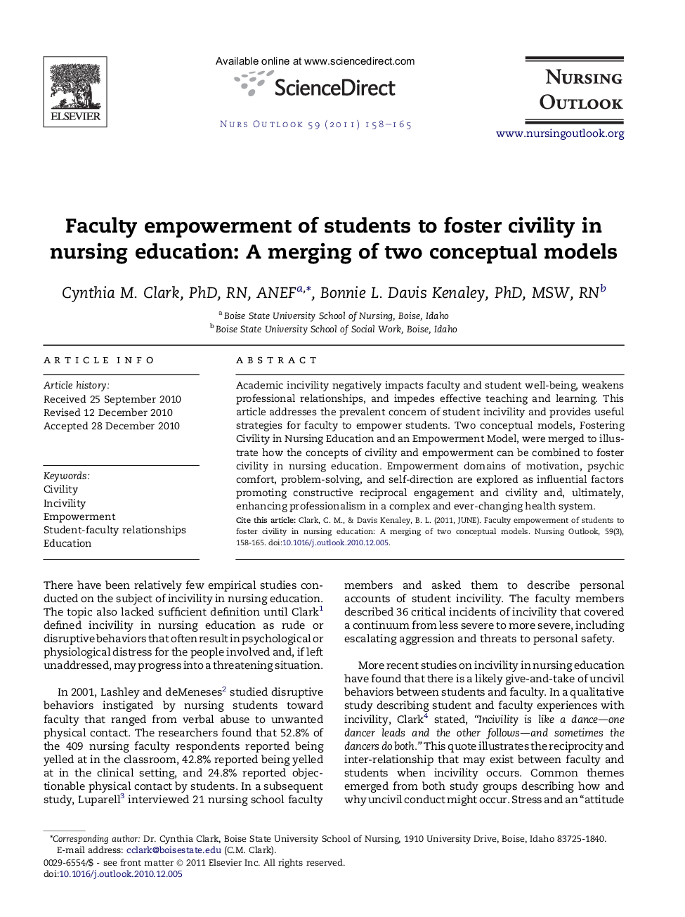 Faculty empowerment of students to foster civility in nursing education: A merging of two conceptual models