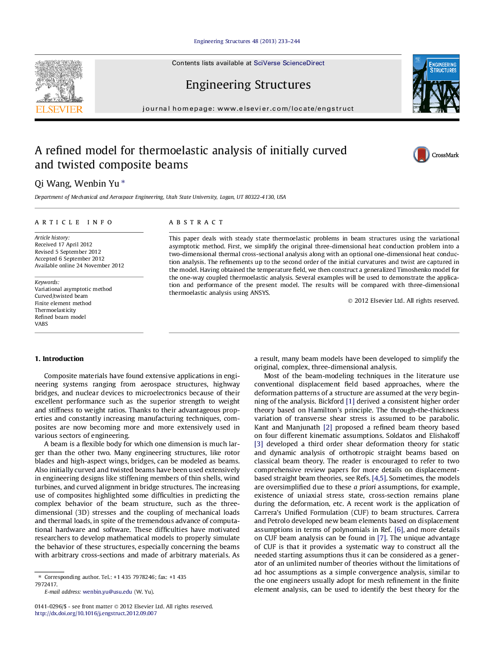 A refined model for thermoelastic analysis of initially curved and twisted composite beams