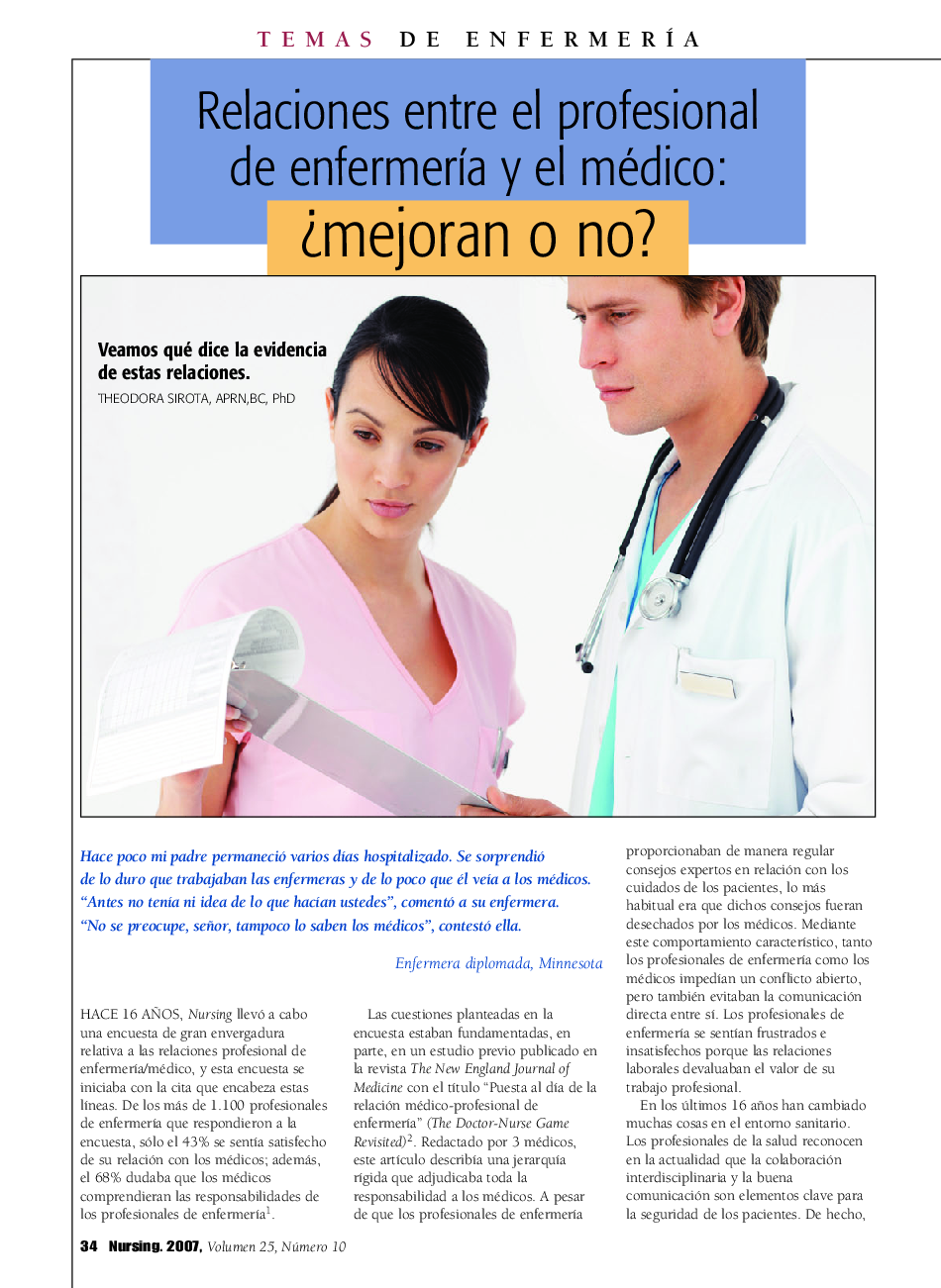 Relaciones entre el profesional de enfermerÃ­a y el médico: Â¿mejoran o no?