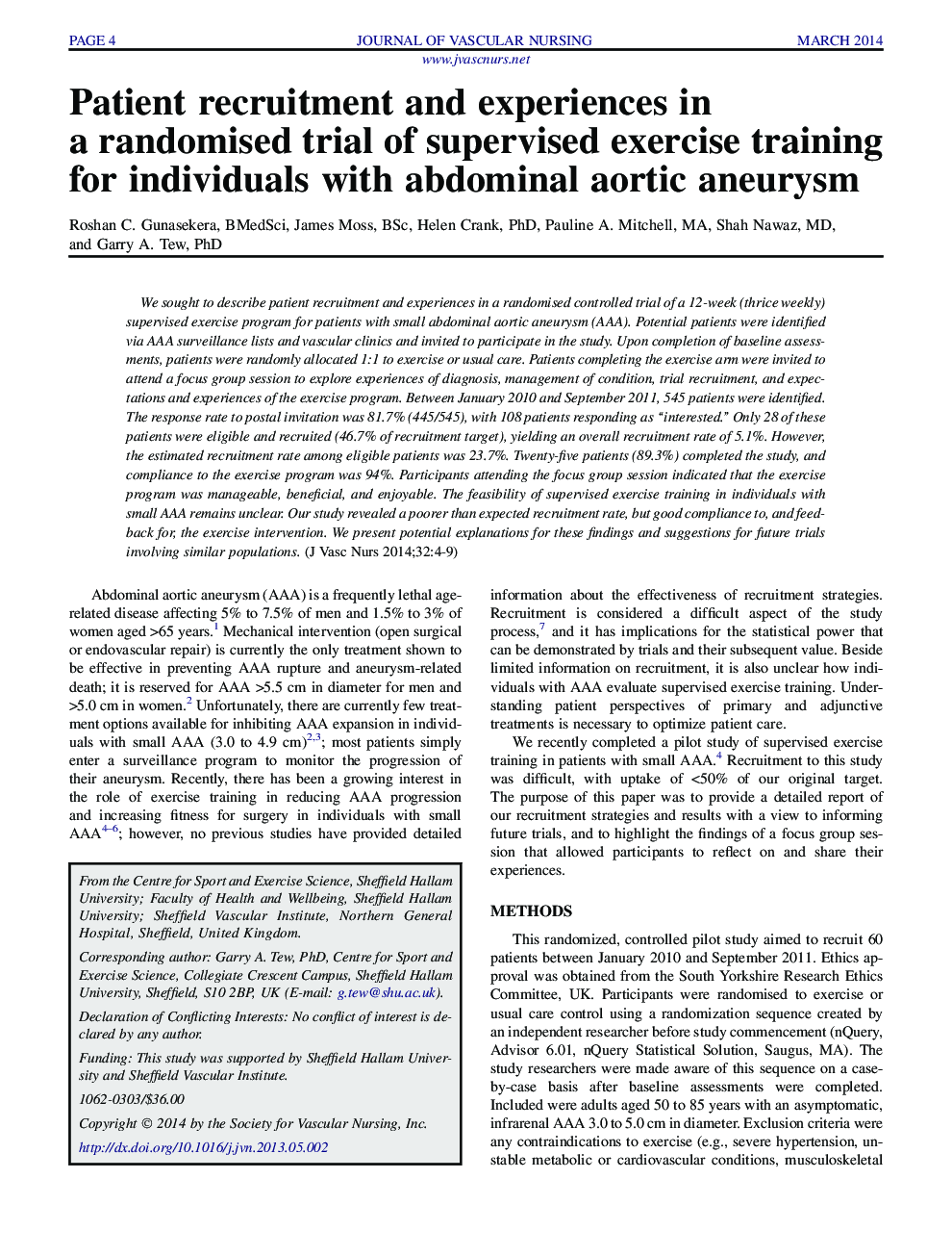 Patient recruitment and experiences in a randomised trial of supervised exercise training for individuals with abdominal aortic aneurysm 