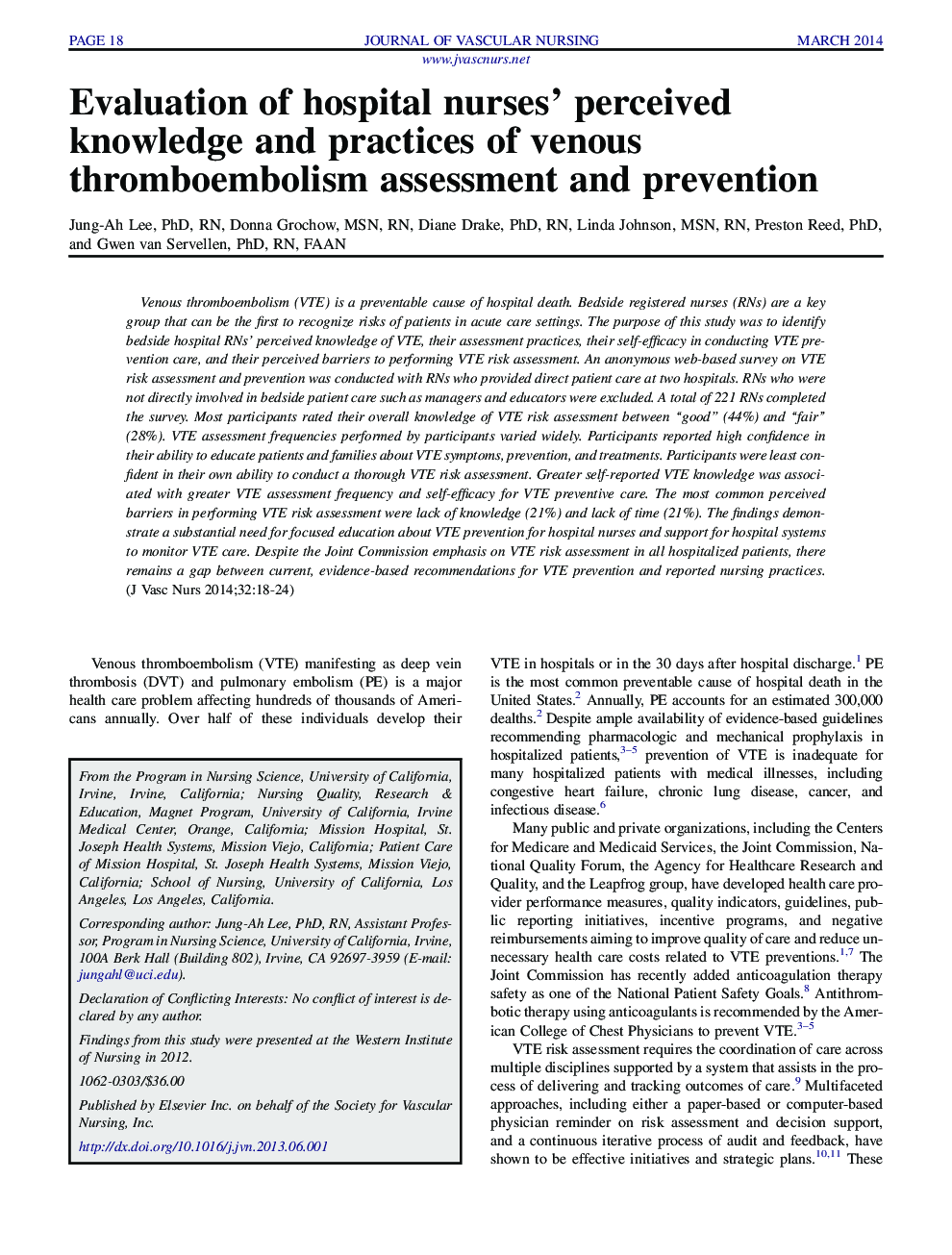 Evaluation of hospital nurses' perceived knowledge and practices of venous thromboembolism assessment and prevention 
