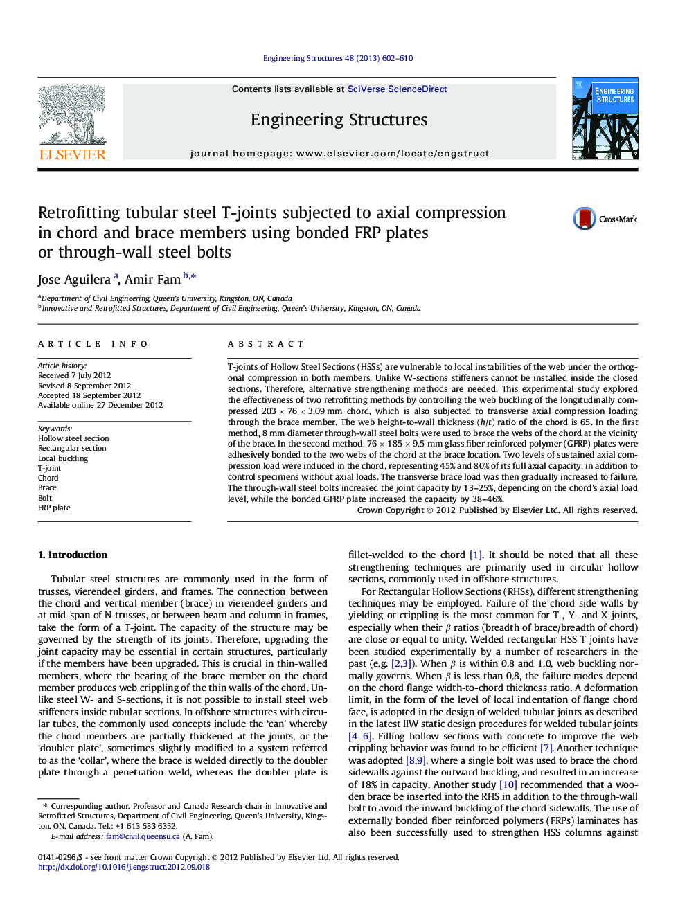 Retrofitting tubular steel T-joints subjected to axial compression in chord and brace members using bonded FRP plates or through-wall steel bolts